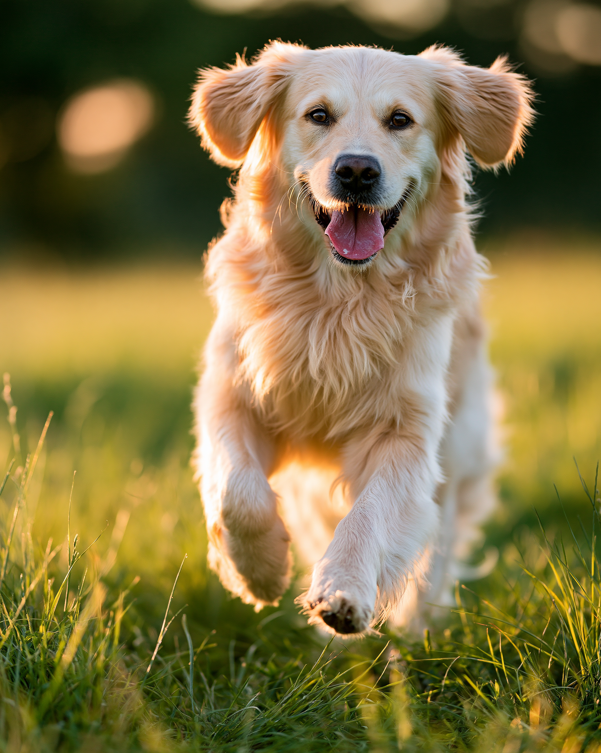 Golden retriever biegnący po słonecznej łące